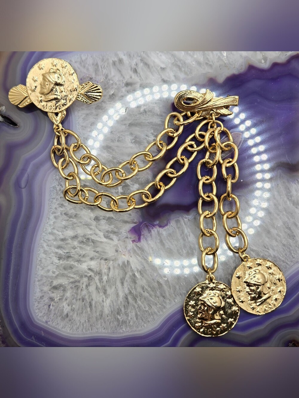 Coin Link Double Brooch - Gold Tone Statement Piece 4" x 5"